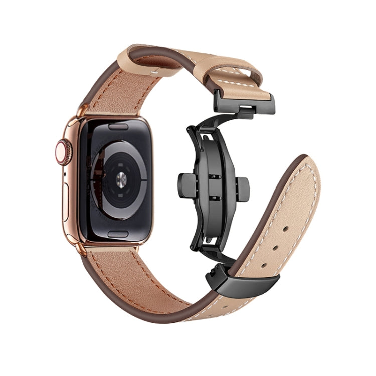 Butterfly Buckle Genuine Leather Watch Band For Apple Watch Series 9&8&7 41mm / SE 3&SE 2&6&SE&5&4 40mm / 3&2&1 38mm(Apricot+Black Buckle) by buy2fix