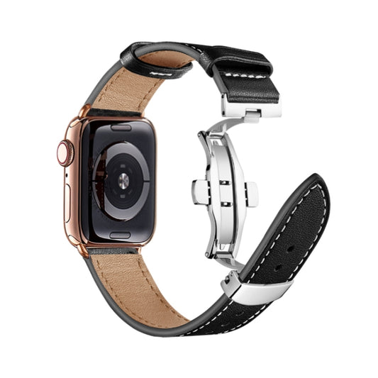 Butterfly Buckle Genuine Leather Watch Band For Apple Watch Series 9&8&7 41mm / SE 3&SE 2&6&SE&5&4 40mm / 3&2&1 38mm(Brown+Silver Buckle) by buy2fix