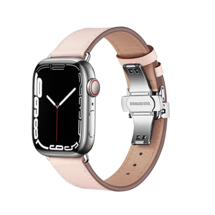 Butterfly Buckle Genuine Leather Watch Band For Apple Watch Series 9&8&7 41mm / SE 3&SE 2&6&SE&5&4 40mm / 3&2&1 38mm(Light Pink+Silver Buckle) by buy2fix