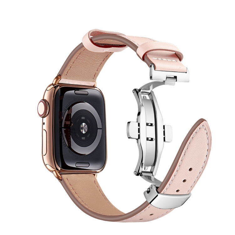 Butterfly Buckle Genuine Leather Watch Band For Apple Watch Series 9&8&7 41mm / SE 3&SE 2&6&SE&5&4 40mm / 3&2&1 38mm(Light Pink+Silver Buckle) by buy2fix