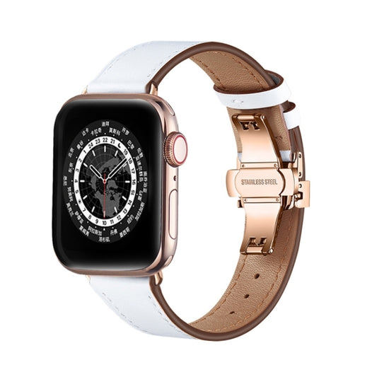 Butterfly Buckle Genuine Leather Watch Band For Apple Watch Series 9&8&7 41mm / SE 3&SE 2&6&SE&5&4 40mm / 3&2&1 38mm(White+Rose Gold Buckle) by buy2fix