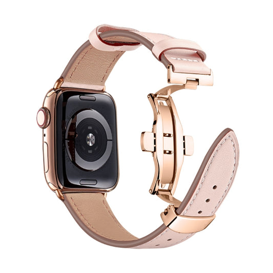 Butterfly Buckle Genuine Leather Watch Band For Apple Watch Series 9&8&7 41mm / SE 3&SE 2&6&SE&5&4 40mm / 3&2&1 38mm(Light Pink+Rose Gold Buckle) by buy2fix