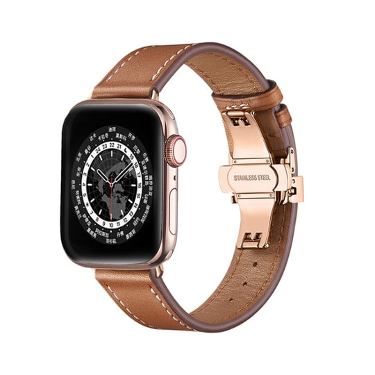 Butterfly Buckle Genuine Leather Watch Band For Apple Watch Series 9&8&7 41mm / SE 3&SE 2&6&SE&5&4 40mm / 3&2&1 38mm(Brown+Rose Gold Buckle)