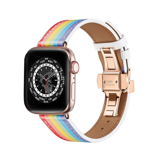 Butterfly Buckle Genuine Leather Watch Band For Apple Watch Series 9&8&7 41mm / SE 3&SE 2&6&SE&5&4 40mm / 3&2&1 38mm(Rainbow+Rose Gold Buckle) by buy2fix