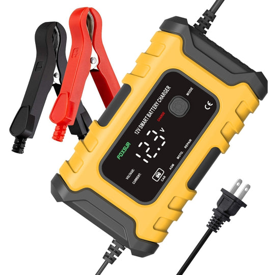 Chargeur de batterie intelligent FOXSUR 6A 12 V pour moto/voiture, type de prise : prise américaine (jaune)