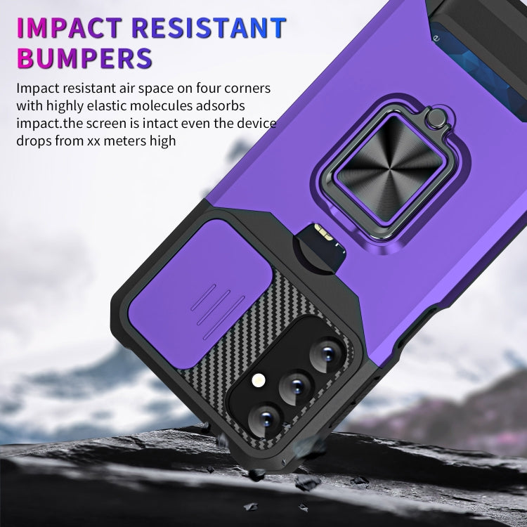 For Samsung Galaxy A14 5G Sliding Camshield Phone Case with Ring Holder & Card Slot(Purple) - Galaxy Phone Cases by buy2fix | Online Shopping UK | buy2fix