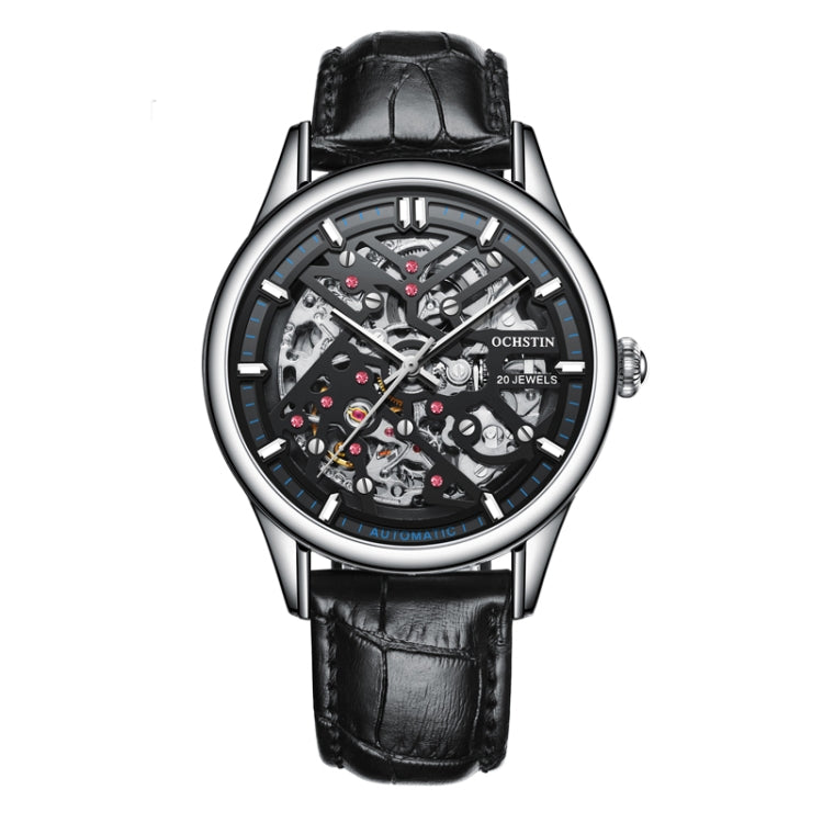 OCHSTIN 6020C Masterpiece Hollow Mechanical Men Watch(Silver-Black) - Leather Strap Watches by OCHSTIN | Online Shopping UK | buy2fix