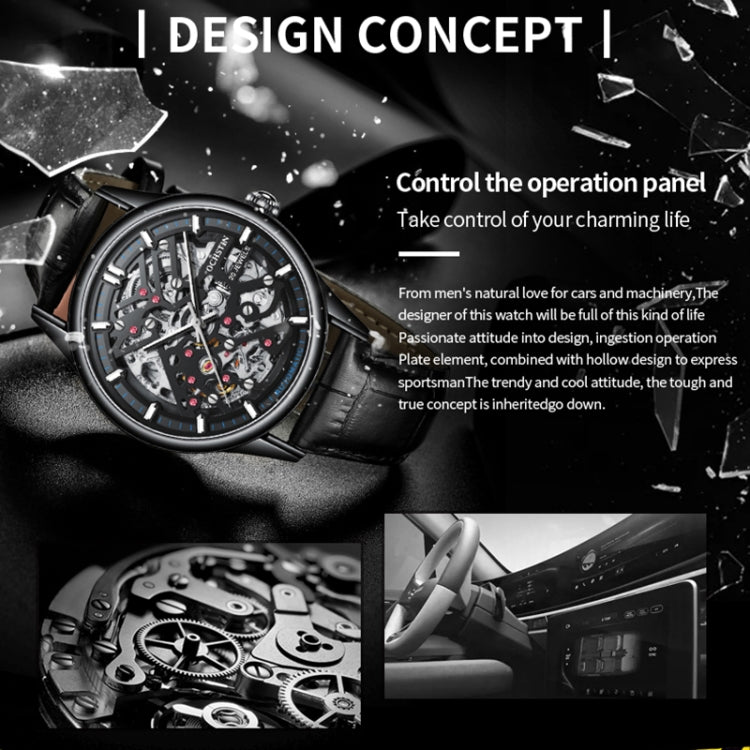 OCHSTIN 6020C Masterpiece Hollow Mechanical Men Watch(Silver-Black) - Leather Strap Watches by OCHSTIN | Online Shopping UK | buy2fix