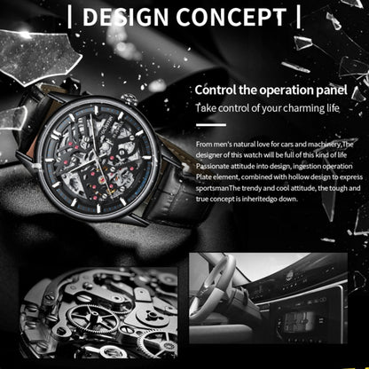 OCHSTIN 6020C Masterpiece Hollow Mechanical Men Watch(Silver-Black) - Leather Strap Watches by OCHSTIN | Online Shopping UK | buy2fix