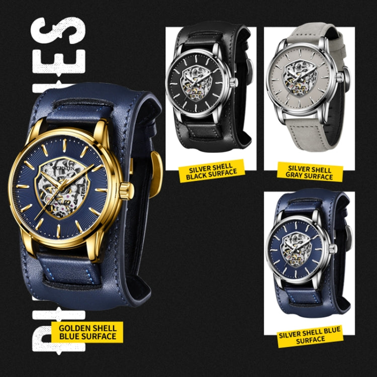 OCHSTIN 7010C Pilot Series Hollow Mechanical Men Watch(Silver-Grey) - Leather Strap Watches by OCHSTIN | Online Shopping UK | buy2fix