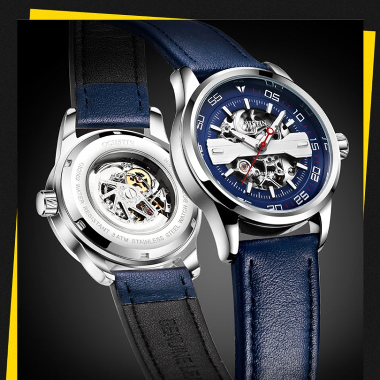 OCHSTIN 62002A Master Series Hollow Mechanical Men Watch(Silver-Blue) - Leather Strap Watches by OCHSTIN | Online Shopping UK | buy2fix
