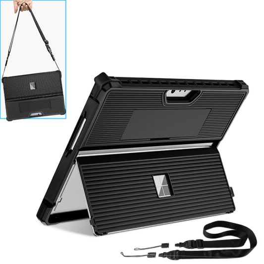 For Microsoft Surface Pro 8 Striped Hollow Tablet Case with Holder Cover and Shoulder Strap(Black) by buy2fix
