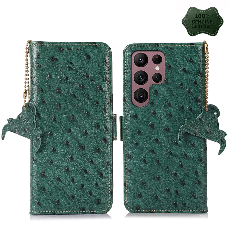 For Samsung Galaxy S22 Ultra 5G Ostrich Pattern Genuine Leather RFID Phone Case(Green) - Galaxy S22 Ultra 5G Cases by buy2fix | Online Shopping UK | buy2fix