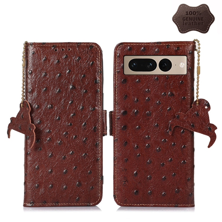 For Google Pixel 7 Pro Ostrich Pattern Genuine Leather RFID Phone Case(Coffee) - Google Cases by buy2fix | Online Shopping UK | buy2fix