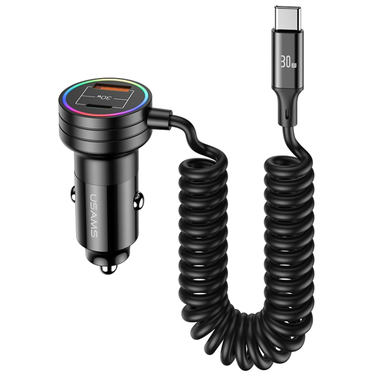 USAMS US-CC167 C33 60W Spring Cable Car Charger with Aperture(Black) - In Car by USAMS | Online Shopping UK | buy2fix