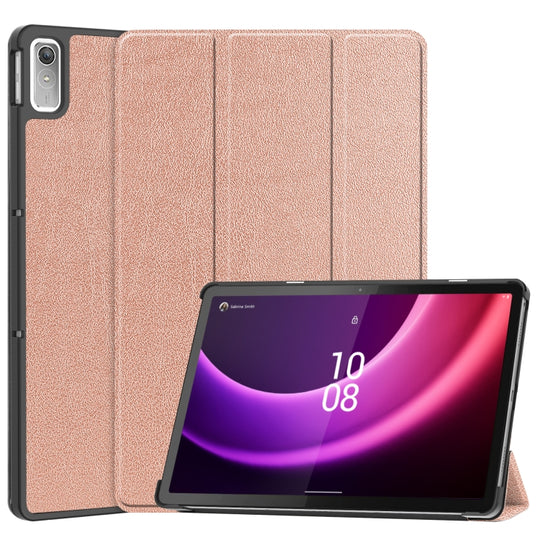Pour Lenovo Tab P11 Gen 2 Custer Pure Color 3-Fold Holder Étui pour tablette intelligente en cuir (or rose)