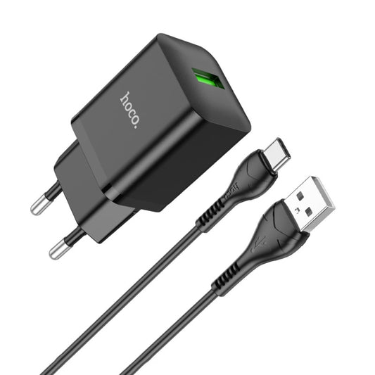 hoco N26 18W Maxim Single Port QC3.0 USB Charger with USB to USB-C/Type-C Cable, EU Plug(Black) -  by hoco | Online Shopping UK | buy2fix