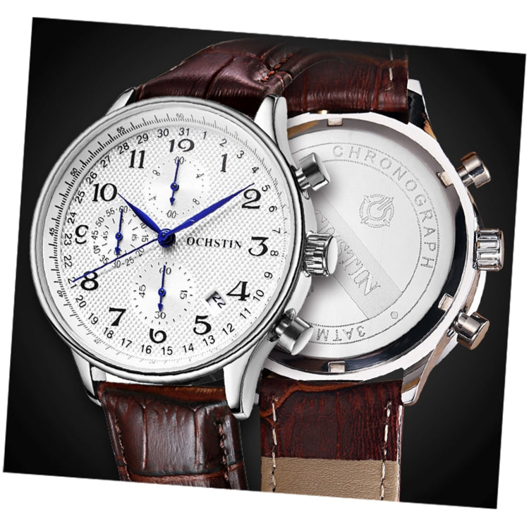 Ochstin 6050C Multifunctional Quartz Men Leather Watch(Silver+Coffee) - Leather Strap Watches by OCHSTIN | Online Shopping UK | buy2fix