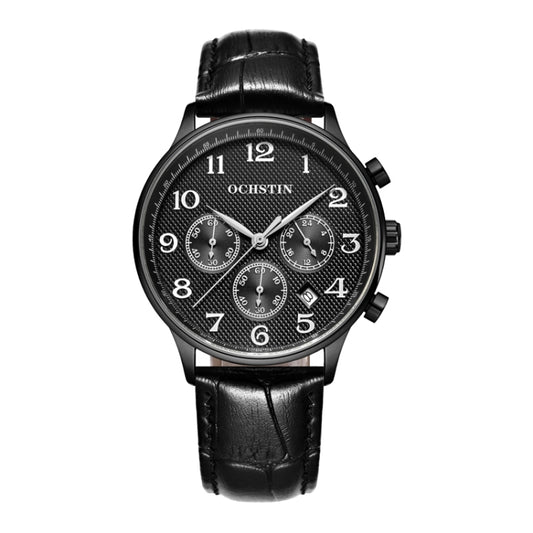 Ochstin 6050E Multifunctional Quartz Men Leather Watch(Black+Black) - Leather Strap Watches by OCHSTIN | Online Shopping UK | buy2fix