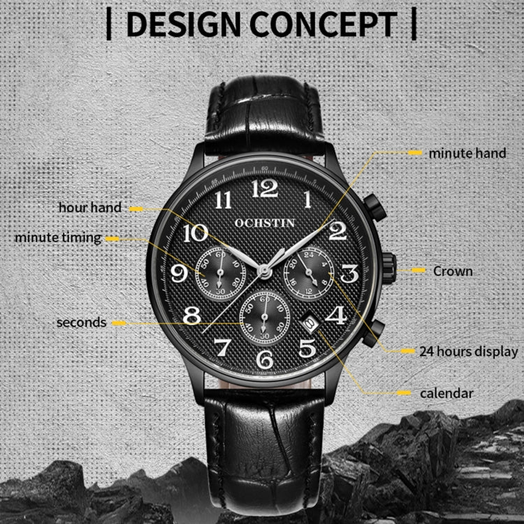 Ochstin 6050E Multifunctional Quartz Men Leather Watch(Black+Black) - Leather Strap Watches by OCHSTIN | Online Shopping UK | buy2fix