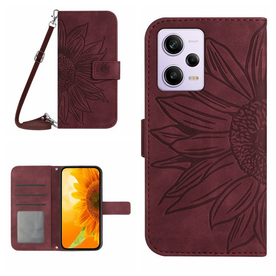 Pour Xiaomi Redmi Note 12 Pro 5G China Skin Feel Sun Flower Pattern Flip Étui de téléphone en cuir avec lanière (vin rouge)
