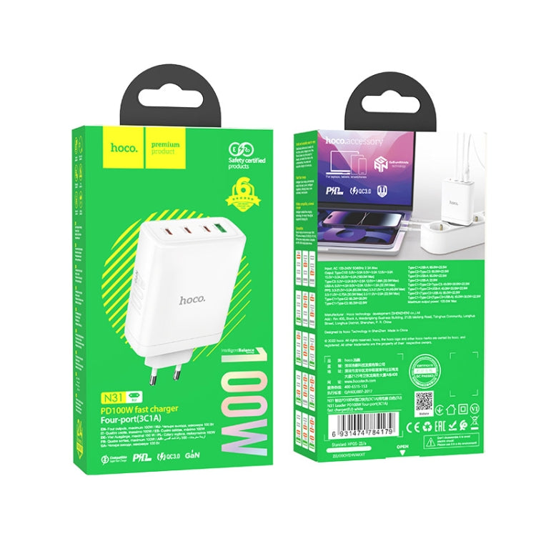 hoco N31 Leader PD 100W USB+Three USB-C/Type-C Interface Fast Charger, EU Plug(White) -  by hoco | Online Shopping UK | buy2fix