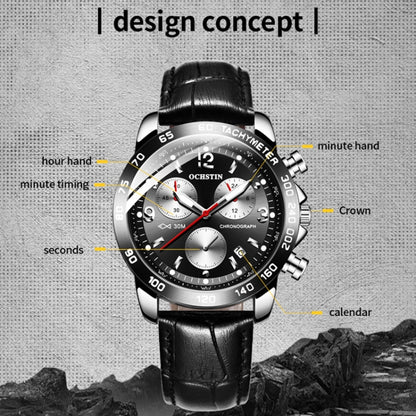 OCHSTIN 6123C Multifunctional Quartz Waterproof Luminous Men Leather Watch(Silver Black 02) - Leather Strap Watches by OCHSTIN | Online Shopping UK | buy2fix