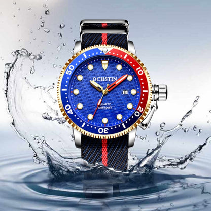 OCHSTIN 7003B Multifunctional Quartz Waterproof Luminous Men Watch(Gold Blue) - Nylon Strap Watches by OCHSTIN | Online Shopping UK | buy2fix