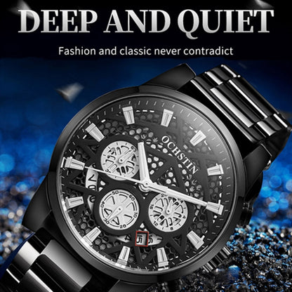 OCHSTIN 7241 Multifunctional Quartz Waterproof Steel Strap Men Watch(Black Blue) - Metal Strap Watches by OCHSTIN | Online Shopping UK | buy2fix