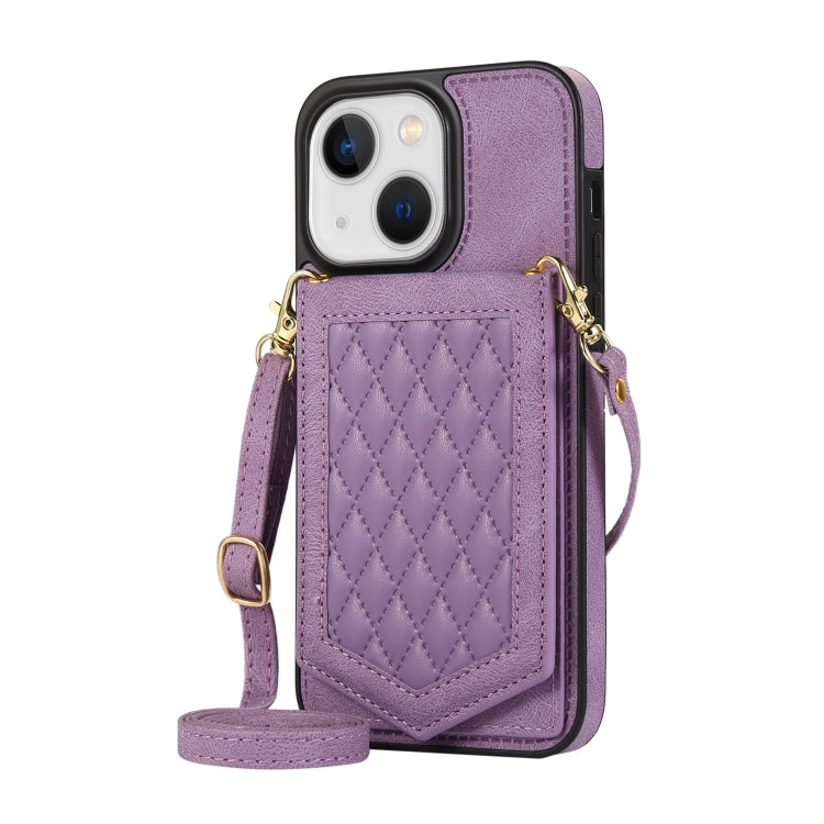 For iPhone 13 mini Rhombic Texture RFID Phone Case with Lanyard & Mirror(Purple) by buy2fix