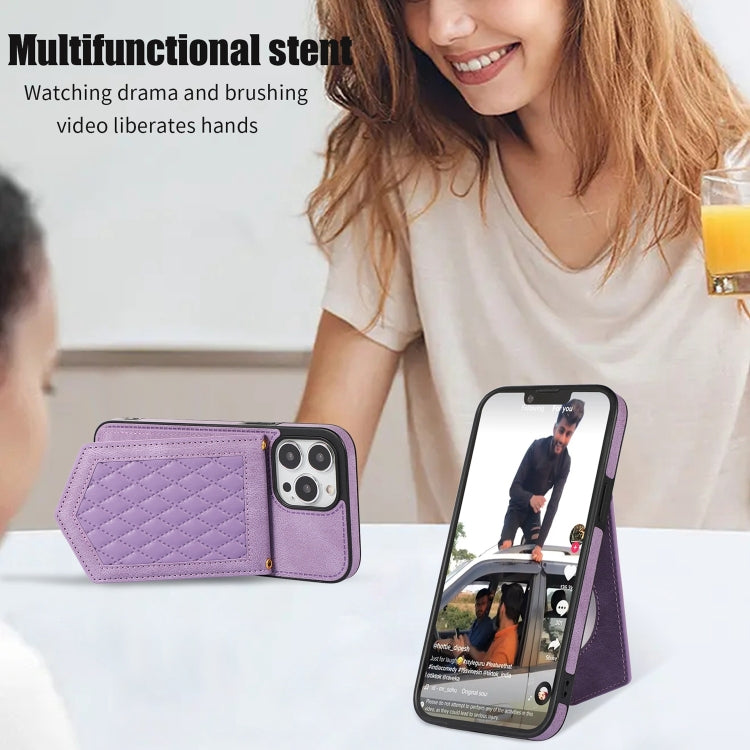 For iPhone 13 mini Rhombic Texture RFID Phone Case with Lanyard & Mirror(Purple) by buy2fix