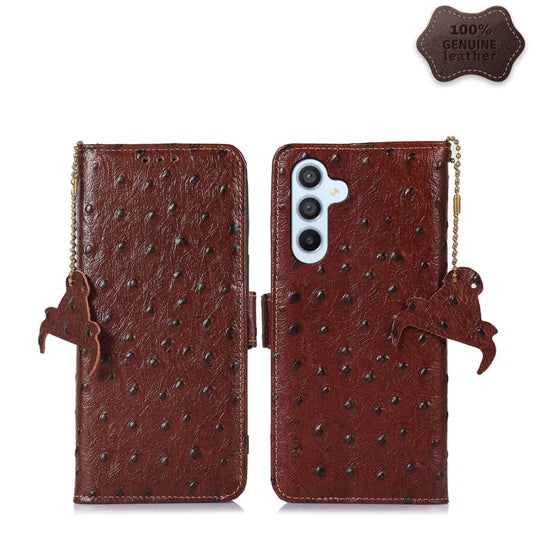 For Samsung Galaxy A34 5G Ostrich Pattern Genuine Leather RFID Phone Case(Coffee) - Galaxy Phone Cases by buy2fix | Online Shopping UK | buy2fix