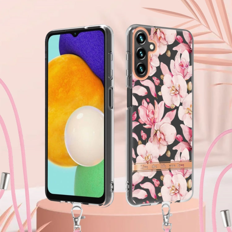 For Samsung Galaxy A14 5G Flowers and Plants Series IMD TPU Phone Case with Lanyard(Purple Begonia) - Galaxy Phone Cases by buy2fix | Online Shopping UK | buy2fix