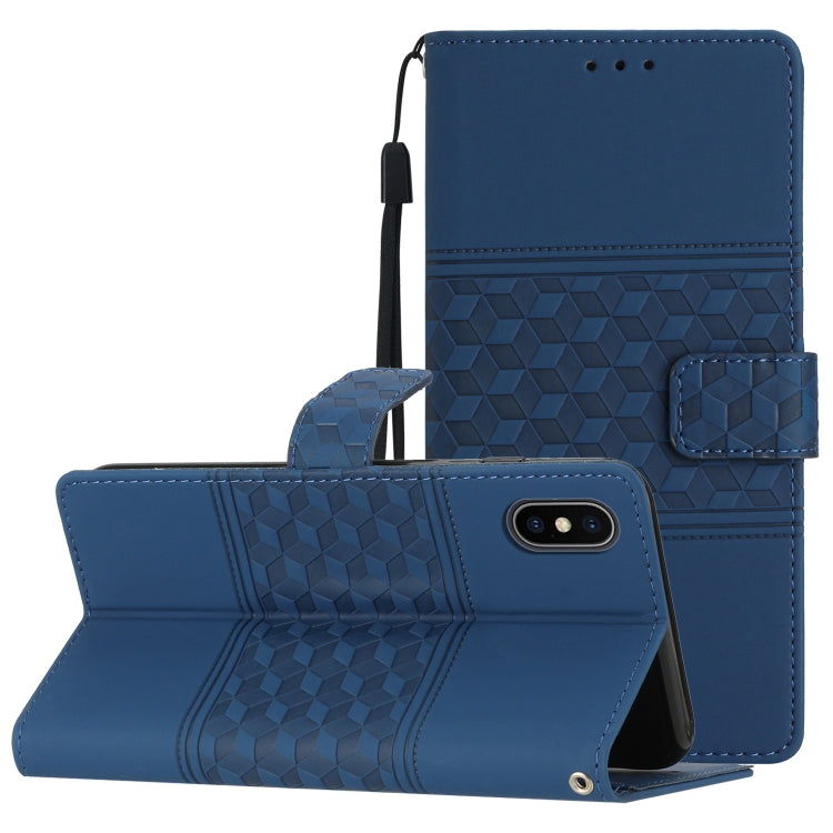 For iPhone XS Max Diamond Embossed Skin Feel Leather Phone Case with Lanyard(Dark Blue) by buy2fix