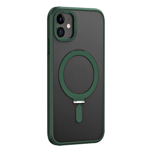 For iPhone 11 Skin Feel MagSafe Shockproof Phone Case with Holder(Dark Green) by buy2fix