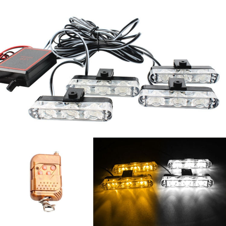 4 in 1 Car 12LEDs Grille Flash Lights Warning Lights with Wireless Remote Control, Color:Yellow White - In Car by buy2fix | Online Shopping UK | buy2fix