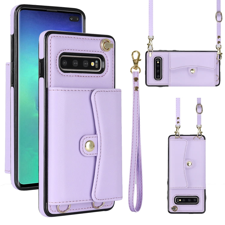 For Samsung Galaxy S10 RFID Card Slot Leather Phone Case with Long Lanyard(Purple) by buy2fix