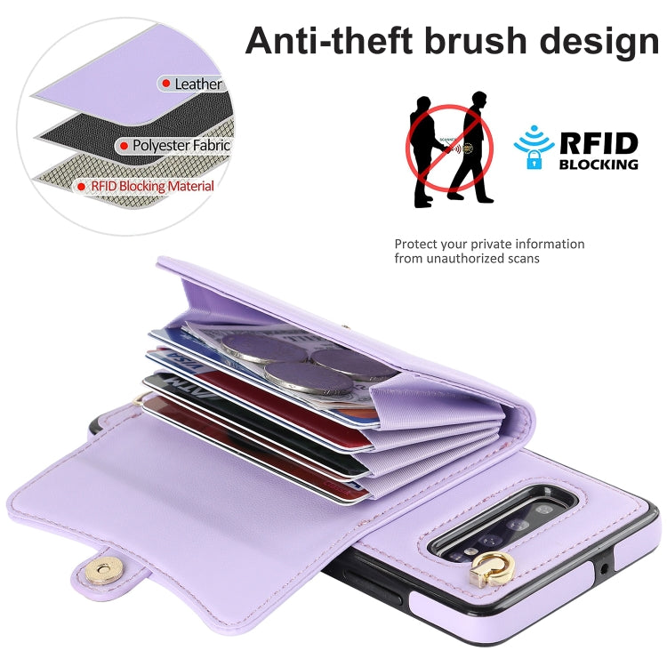 For Samsung Galaxy S10 RFID Card Slot Leather Phone Case with Long Lanyard(Purple) by buy2fix