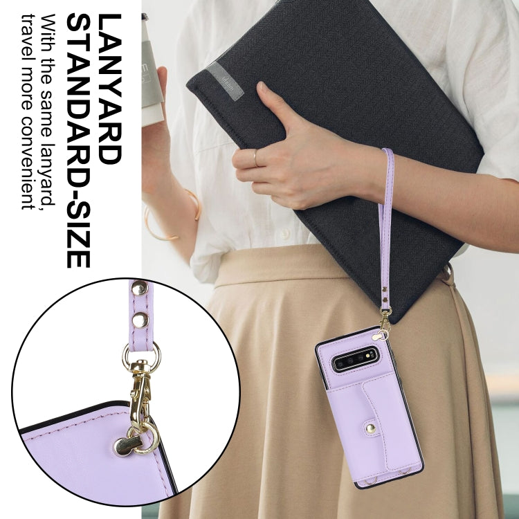 For Samsung Galaxy S10 RFID Card Slot Leather Phone Case with Long Lanyard(Purple) by buy2fix
