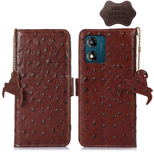 For Motorola Moto E13 4G 2023 Ostrich Pattern Genuine Leather RFID Phone Case(Coffee) - Motorola Cases by buy2fix | Online Shopping UK | buy2fix