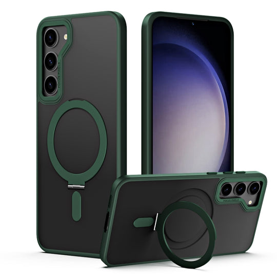For Samsung Galaxy S23 5G Skin Feel MagSafe Shockproof Phone Case with Holder(Dark Green)