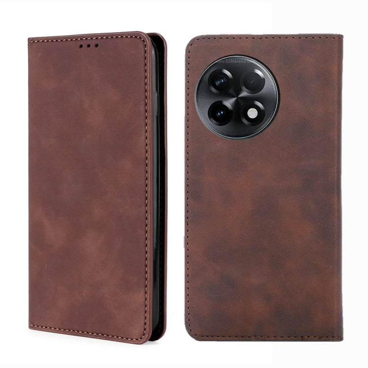 For OnePlus Ace 2/11R Skin Feel Magnetic Horizontal Flip Leather Phone Case(Dark Brown) - OnePlus Cases by buy2fix | Online Shopping UK | buy2fix