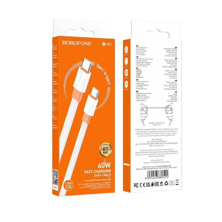 Borofone BX89 Type-C to Type-C Union 60W Charging Data Cable, Length:1m(White Orange) -  by Borofone | Online Shopping UK | buy2fix