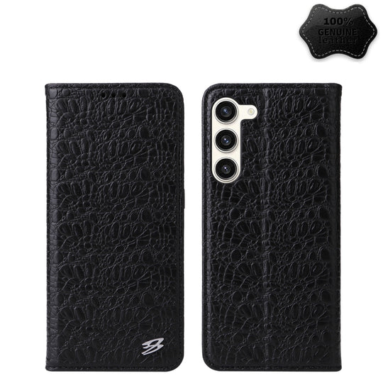 For Samsung Galaxy S23 5G Fierre Shann Crocodile Texture Magnetic Genuine Leather Phone Case(Black)
