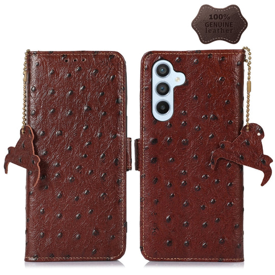 For Samsung Galaxy A14 5G / A14 4G Ostrich Pattern Genuine Leather RFID Phone Case(Coffee)