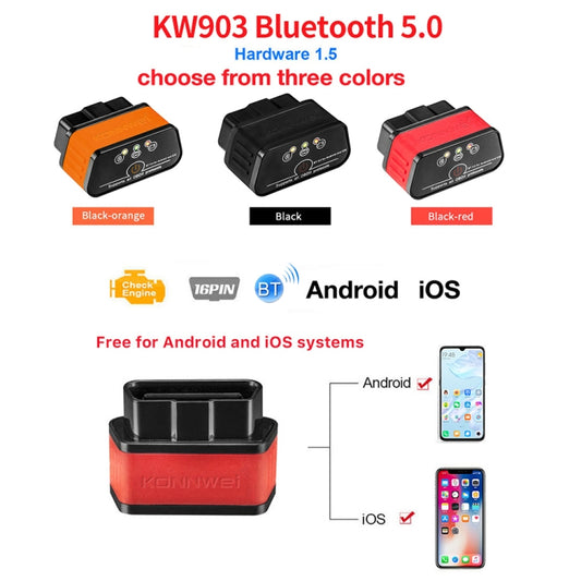 KONNWEI KW903 Bluetooth 5.0 OBD2 Car Fault Diagnostic Scan Tools Support IOS / Android(Black Orange) by KONNWEI