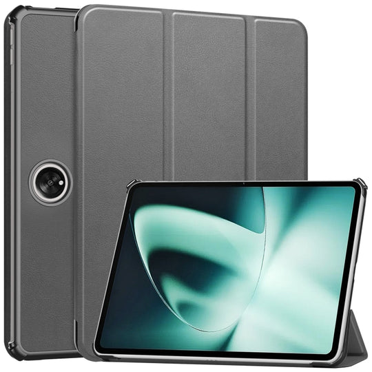 Pour OnePlus Pad Custer Pure Color 3-Fold Holder Smart Leather Tablet Case (Gris)
