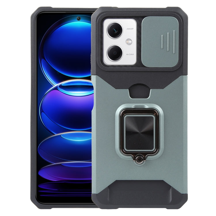 For Xiaomi Redmi Note 12 5G / Poco X5 Camera Shield Card Slot Phone Case with Ring Holder(Dark Green) - Note 12 Cases by buy2fix | Online Shopping UK | buy2fix