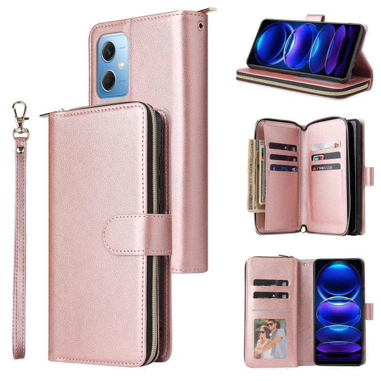 For Xiaomi Redmi Note 12 5G Global / Poco X5 9 Card Slots Zipper Wallet Bag Leather Phone Case(Rose Gold) - Note 12 Cases by buy2fix | Online Shopping UK | buy2fix