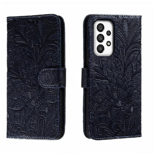 For Samsung Galaxy A34 5G Lace Flower Embossing Flip Leather Phone Case(Dark Blue)